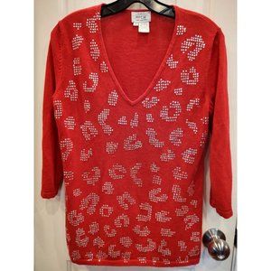Just B Womens Top Small Red Rhinestones Embellished 3/4 Sleeves V Neck Ribbed